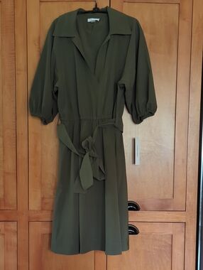 New Calvin Klein Olive Wrap-Tie Midi Dress 10